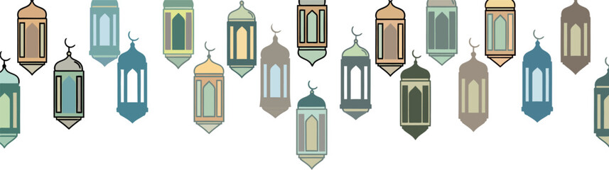 Obraz premium Elegant decorative collection of colorful Arabian lanterns hanging in a festive pattern creating a beautiful horizontal design for celebrations