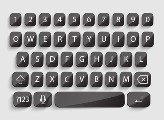 Dark smartphone keyboard vector illustration with realistic rounded buttons, modern mobile UI keypad layout featuring letters numbers symbols on light gray background for app interface design
