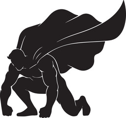 Superhero landing pose in silhouette white background.