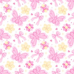 Seamless pattern with pink butterflies, bows and flowers in coquette aesthetic style on white background