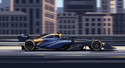 Obraz premium Racing car speeding on a city track with urban buildings in the background from a side viewpoint
