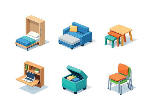 Compact Furniture Icons. Space-Saving Furniture. Isometric flat vector icons set of Space-Saving Furniture: foldable wall bed, compact sofa bed, nesting side