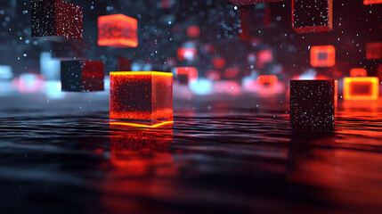 Minimal abstract cubes glowing in a digital environment, symbolizing structure, balance, and modern technology.