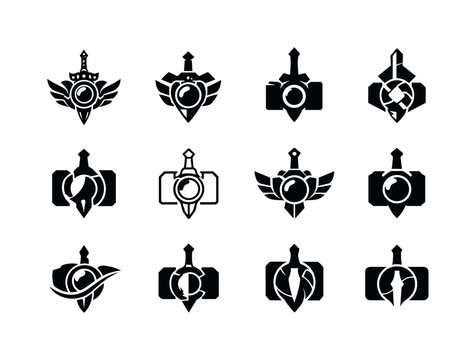 Cosplay Weapon Logos. Cosplay photography. Icon set. Set Logo of Cosplay photography: fantasy weapon prop silhouette. harmonious logo variations of the same