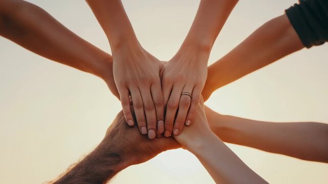 Collaborative teamwork and unity captured in symbolic hand stack against sunset