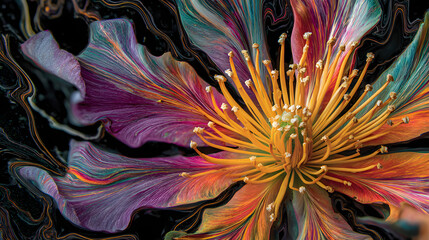 un acercamiento de una flor colorida con petalos vibrantes creativos sobre un fondo negro delicado contraste de colores 