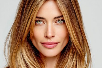 Fototapeta premium Woman with long hair and light green eyes smiles at the camera