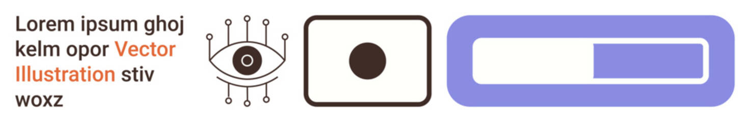 Technology, data visualization, AI, progress tracking, vision-based systems, UI design. Symbols include an eye with circuits, a square with a dot and a progress bar. Technology and data are key