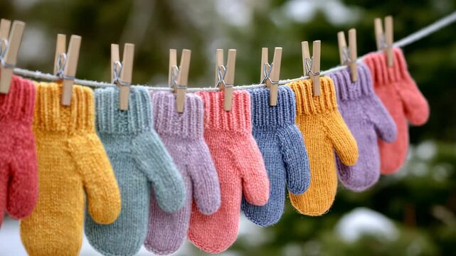 Colorful knit mittens hanging on clothesline swaying gently in winter breeze