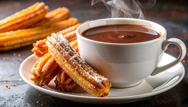 Churros reci&eacute;n hechos con chocolate caliente espeso en taza blanca