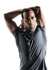 Man Performing Shoulder Relaxation Stretch Isolated Representing Fitness Health Mobility and Stress Relief Concept