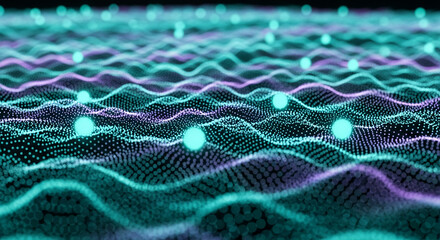 Abstract digital illustration with dot matrix in blue and purple, creating a wave pattern, representing network, data, technology and connectivity