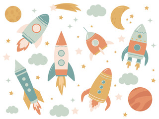 A set of cute space rockets, planets, and stars. Simple flat vector illustration for children. © Tetiana Shpak
