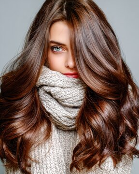 Young woman with long hair wearing a scarf indoors