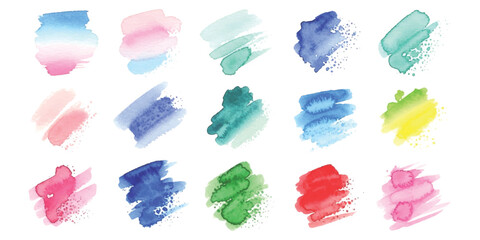 Collection of vibrant watercolor brush strokes and paint splatters in various artistic styles