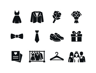 Wedding Party Icons. Bridesmaids & groomsmen. Solid icon set of bridesmaids & groomsmen: bridesmaid dress, groomsman suit, boutonniere, bridesmaid bouquet, bow
