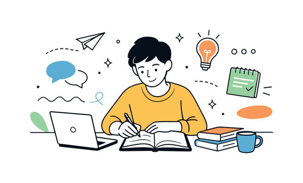 Calm Writing Atmosphere. Writing process. Person sitting at a desk with a laptop and notebook, calmly writing and organizing thoughts. Focused creative
