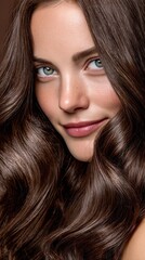 Fototapeta premium Young woman with long wavy hair and green eyes smiles at camera