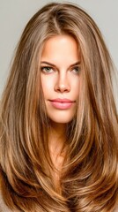 Naklejka premium A model with long light brown hair stands in a studio