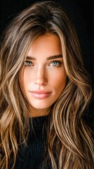 Naklejka premium Woman with long hair and green eyes poses for a close-up picture