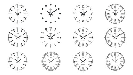 diverse clock, faces and watch dials presenting classic, modern, vintage, and minimalist timekeeping designs, suitable for graphic elements, templates, illustrations, and creative design 