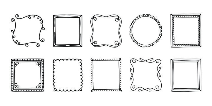 Assortment of hand-drawn, doodle frames and decorative borders featuring playful line art, creative shapes, artistic details, and sketchy elements, ideal for graphic design, branding