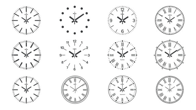 diverse clock, faces and watch dials presenting classic, modern, vintage, and minimalist timekeeping designs, suitable for graphic elements, templates, illustrations, and creative design 