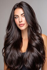 Naklejka premium Woman with long hair poses for a beauty portrait in studio