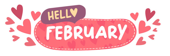 Fototapeta premium Hello February Pink Valentines day speech bubble with hearts. Hello February lovely style sticker banner, poster, social media post layout, quiz backdrop, square banner design template set.