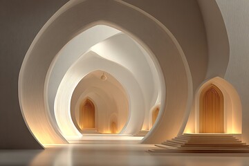 Obraz premium Modern interior design with elegant arched doorways and warm lighting