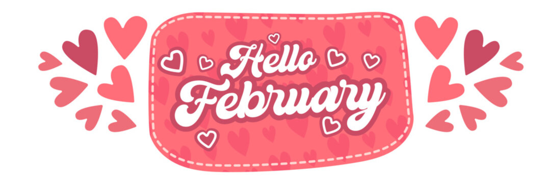 Hello February Pink Valentines day speech bubble with hearts. Hello February lovely style sticker banner, poster, social media post layout, quiz backdrop, square banner design template set.