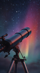 telescopio profesional observando e investigando el cielo con las auroras boreales coloridas en el universo lleno de estrellas 
