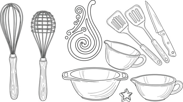PrintCollection of hand drawn kitchen tools including whisks spatulas a chef knife and mixing bowls representing cooking baking and culinary arts.