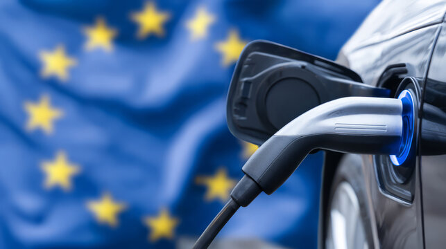 Electric car charging with European Union flag in background.