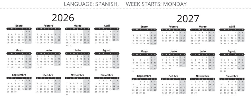 2026 and 2027 years spanish calendars. Vector illustration for Spain