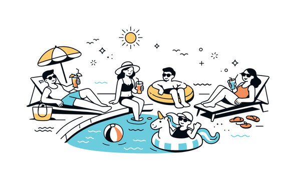 Poolside Relaxation. Poolside spring break. People lounging near a pool with drinks and inflatable floats. The illustration communicates leisure, sunshine, and