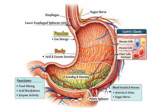 A detailed anatomical diagram of the human stomach, highlighting its main parts Fundus, Body, Antrum, functions, and key components like sphincters and gastric glands, with visible blood vessels