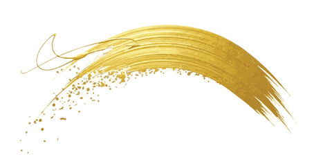 An artistic and dynamic curved metallic gold paint brush stroke isolated on a white background