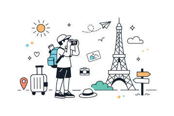 Naklejka premium Traveler Capturing Memories. Travel & tourism sightseeing. A relaxed scene with a traveler taking photos near a landmark, capturing memories and exploration.