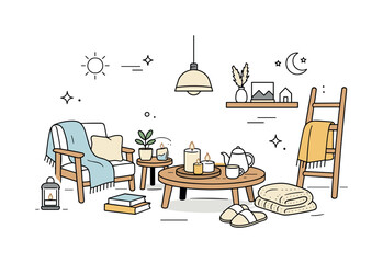 Fototapeta premium Scandinavian Hygge Haven. Hygge-inspired interior. A clean setting with soft throws, candles, and wooden textures, cozy mood and functional decor conveying