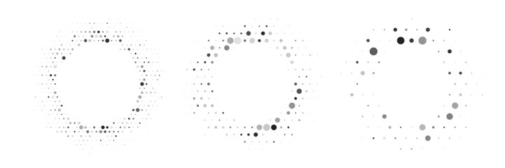 Halftone circle patterns with random dot distribution. Circular frames made of gradient dots with varying sizes and opacity on white background. Minimalist vector illustration © Mariquita vector
