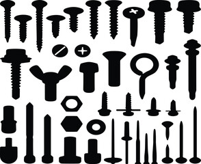 Fototapeta premium PrintLarge collection of black silhouette hardware fasteners including screws bolts nuts nails washers and rivets isolated on a white background for DIY