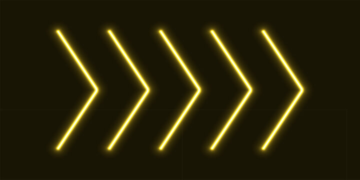 Neon yellow arrow signs pointing right on dark background. Glowing chevrons in futuristic style symbolizing direction, speed, or navigation. Bright light vector illustration