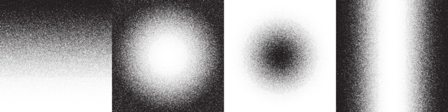 Grainy halftone textures with black and white noise gradients in vertical and radial patterns. Vintage spray effect backgrounds for retro, comic, or grunge designs. Abstract vector illustration