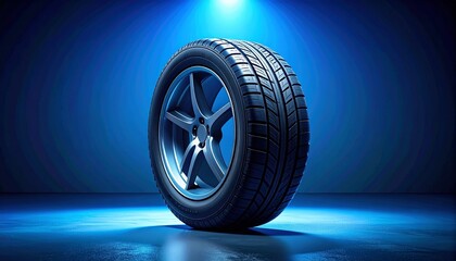 Single upright car tire with visible tread pattern against gradient blue background and centered spotlight glow.