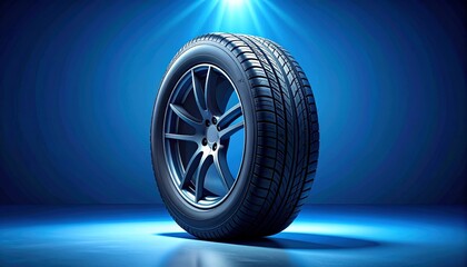 Single upright car tire with visible tread pattern against gradient blue background and centered spotlight glow.