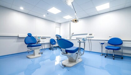 Modern dental clinic with blue chairs, white bases, overhead lights, glossy blue floor, and sterile white walls.