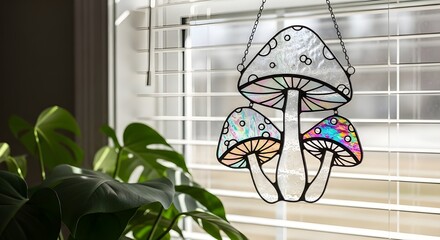 Colorful stained glass mushroom suncatcher hanging in a window with sunlight