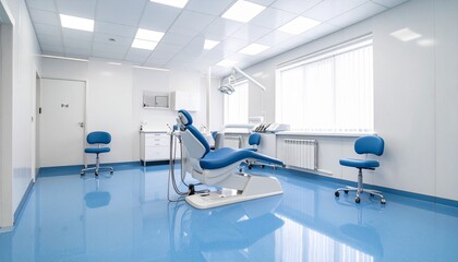 Modern dental clinic with blue chairs, white bases, overhead lights, glossy blue floor, and sterile white walls.