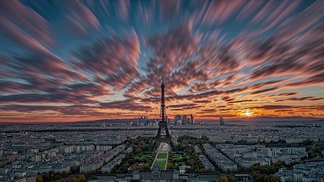 Eiffel Tower Sunset Long Exposure with Streaky Clouds.